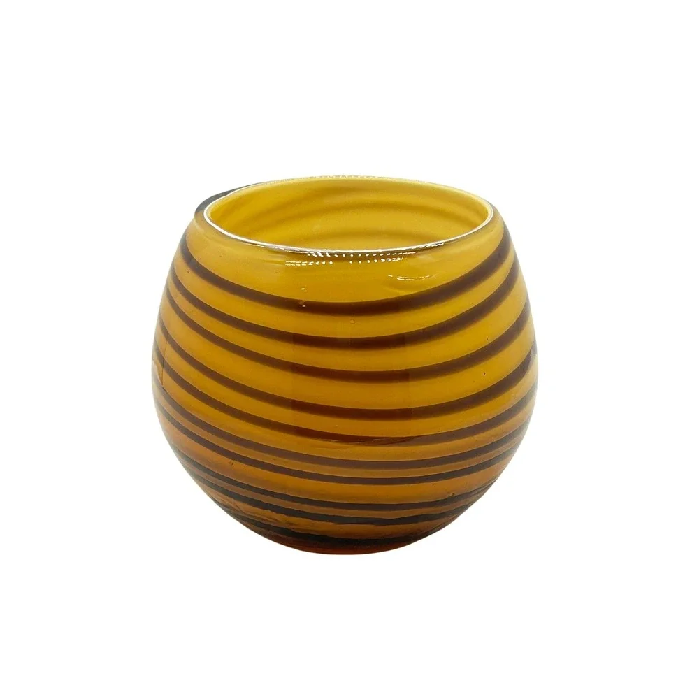 Hand Blown Amber Brown Striped Studio Art Glass Round Bulbous Bowl Votive Holder